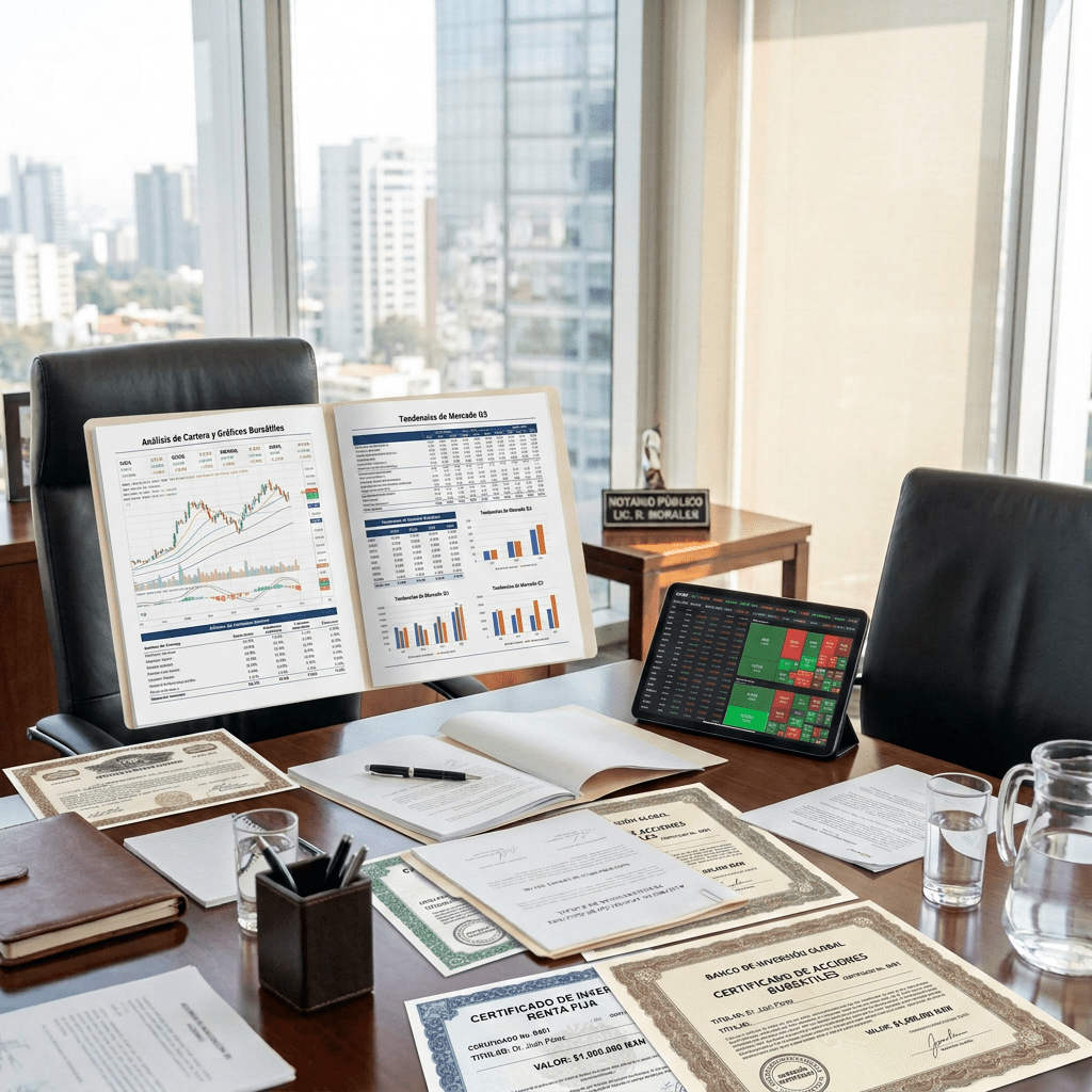 Desk with financial charts, stock tablet, and investment certificates